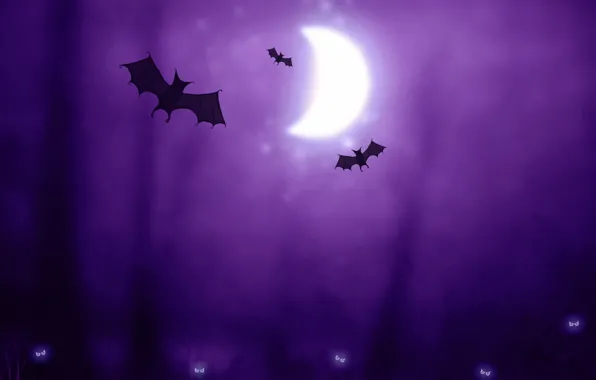 Фиолетовый, луна, существа, Halloween, хэллоуин, летучие мыши