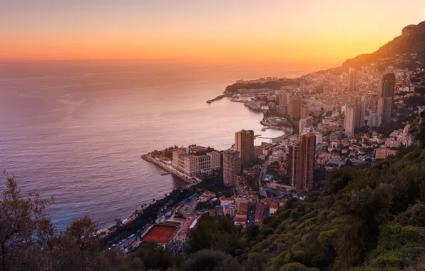 Картинка море, рассвет, побережье, дома, горизонт, Монако, Monte Carlo