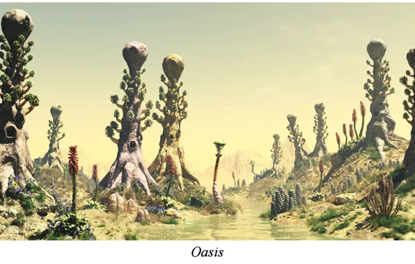 Холмы, растительность, гора, водоём, Oasis