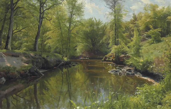 Картинка датский живописец, 1922, Петер Мёрк Мёнстед, Peder Mørk Mønsted, Danish realist painter, Гребля на реке …