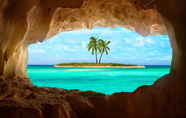 Картинка пальмы, скалы, остров, грот, Тихий океан, Карибские острова