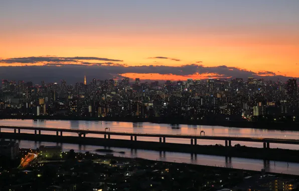 Tokyo, Japan, twilight, sunset, clouds, dusk, buildings, reflections