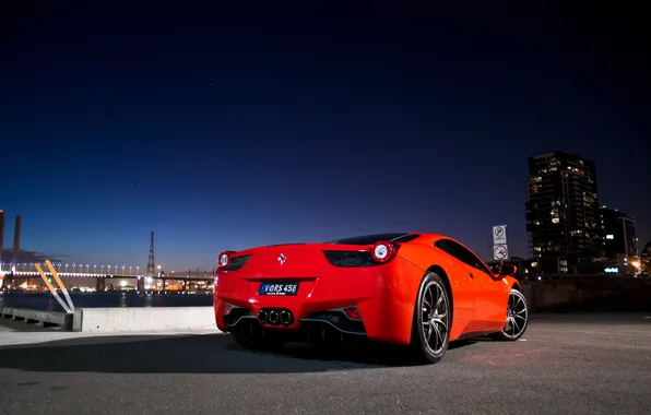 Картинка ночь, красный, город, red, ferrari, феррари, италия, 458 italia