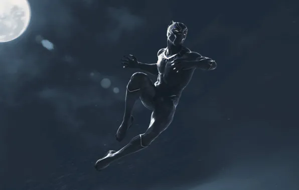 Картинка ночь, фантастика, прыжок, луна, черный, арт, костюм, Black Panther