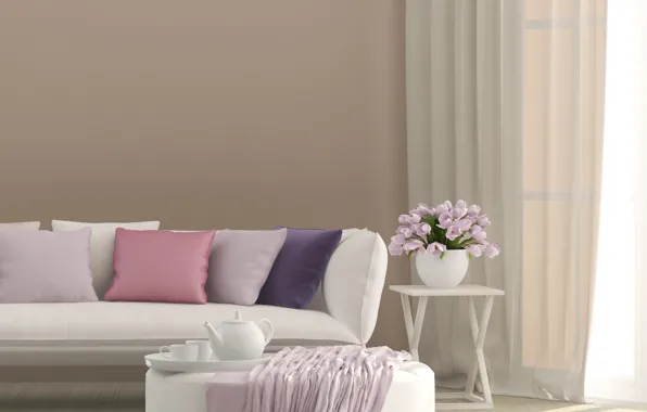 Картинка цветы, дизайн, диван, интерьер, подушки, ваза, шторы, столик