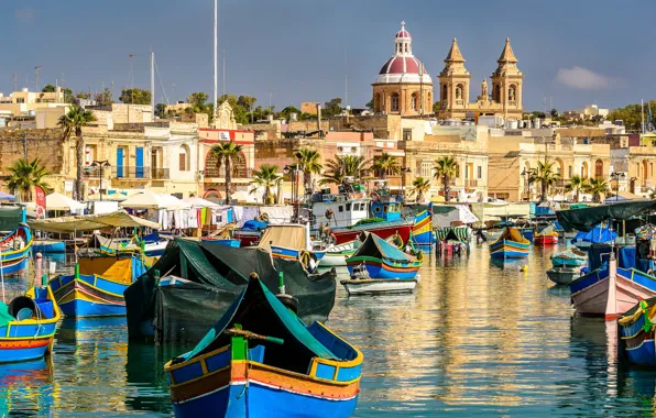 Здания, лодки, залив, Malta, Мальта, Марсашлокк, Marsaxlok, Marsaxlokk Bay