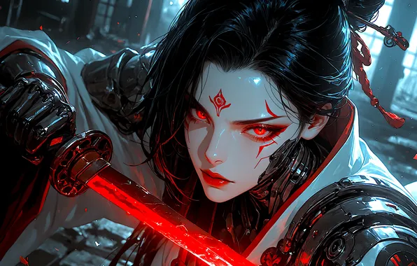 Girl, sword, fantasy, armor, science fiction, red eyes, katana, sci-fi