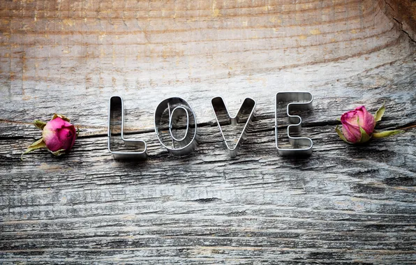 Любовь, буквы, дерево, надпись, розы, сухие, love