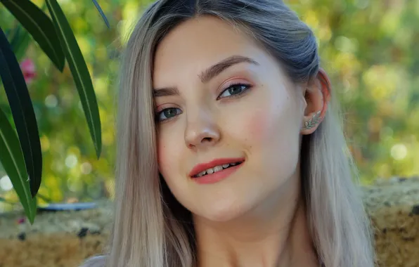 Model, close-up, eyes, smile, lips, lovely, cute, plants