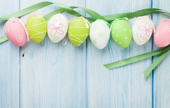 Картинка colorful, Пасха, лента, happy, wood, spring, Easter, eggs