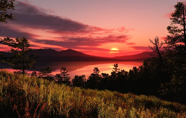 Картинка закат, горы, озеро, вечер, sunset, mountains, clouds, sun