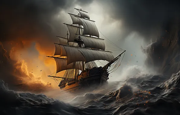 Море, шторм, корабль, парусник, судно, фрегат, хмурое небо, ИИ-арт