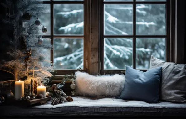 Картинка зима, иней, лес, шарики, снег, уют, комната, интерьер