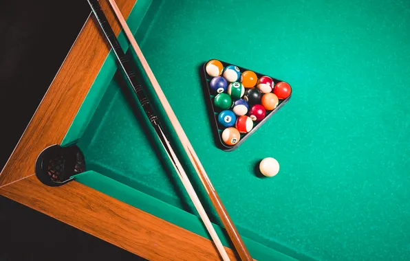 Pool, balls, table, cues