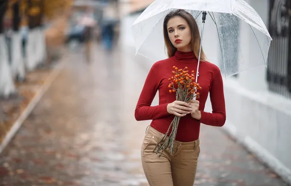 Взгляд, дождь, улица, Девушка, зонт, фигура, Сергей Сорокин