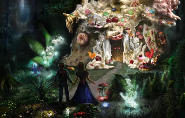 Лес, дети, сказка, чаща, пряничный домик, Gretel, Hansel, Гримм