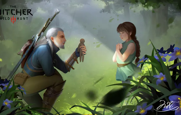 Лес, цветы, кукла, девочка, Geralt of Rivia, Ведьмак 3: Дикая Охота, Little Girl