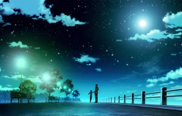 Картинка небо, звезды, облака, свет, деревья, ночь, мост, мальчик