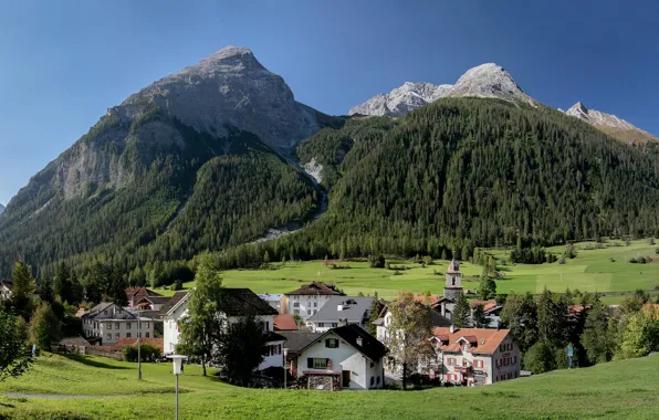 Деревья, горы, дома, Швейцария, долина, деревня, Альпы, Switzerland