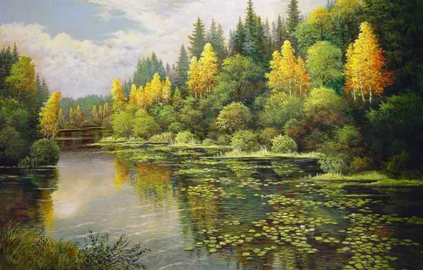 Картинка озеро, живопись, лотосы, Landscape, смешанный лес, Mark Kalpin, начало осени, желтые березы
