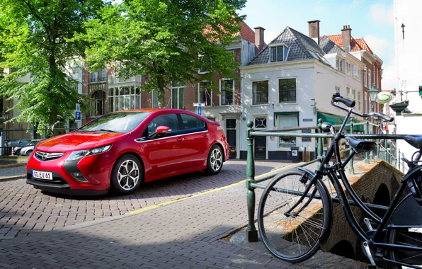 Авто, деревья, красный, велосипед, улица, Opel, Ampera