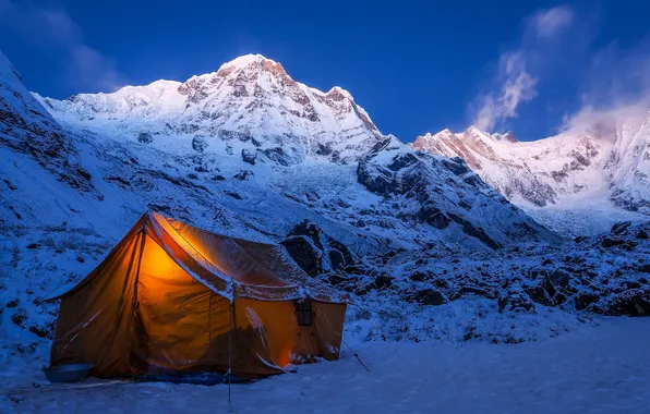 Картинка зима, снег, горы, природа, палатка, экспедиция