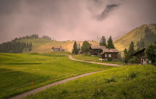 Дорога, поле, трава, облака, горы, туман, холмы, склоны