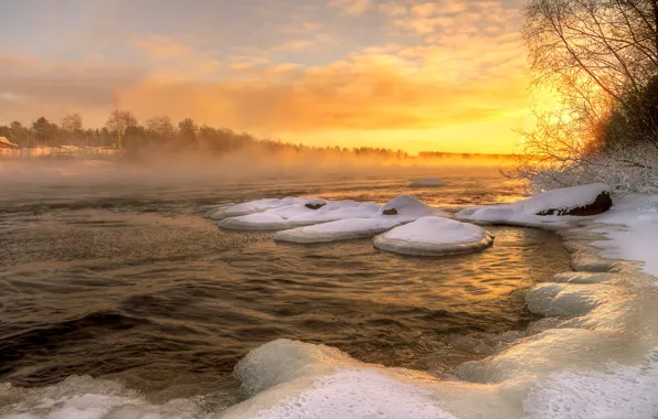 Зима, вода, снег, деревья, пейзаж, природа, озеро, лёд