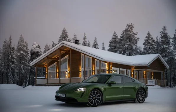 Картинка снег, Porsche, зелёный, возле дома, 2020, Taycan, Taycan 4S