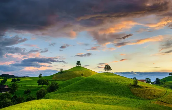 Картинка небо, облака, деревья, холмы, Швейцария, Switzerland, Canton of Zug