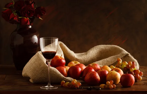 Картинка вино, яблоки, виноград, натюрморт