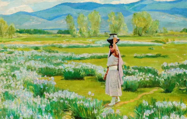 Картинка цветы, кувшин, Taos Pueblo, Bert Geer Phillips, or Daughter of the Water Clan, The Water …
