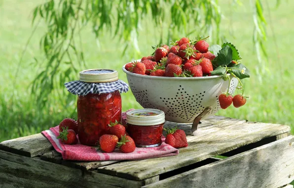 Лето, листья, ягоды, полотенце, сад, урожай, клубника, банка