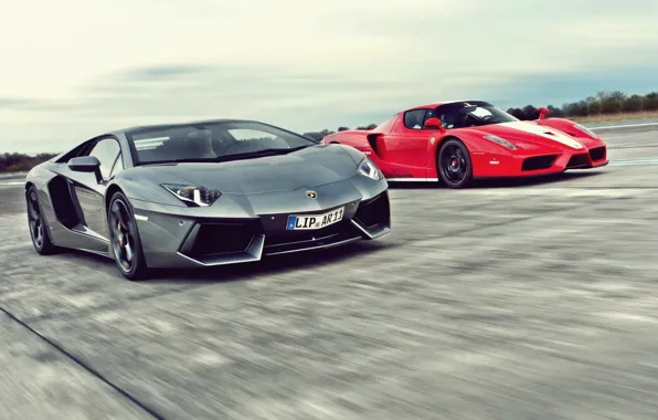 Дорога, гонка, полоса, скорость, ferrari enzo, гиперкары, Lamborghini Aventador LP700-4