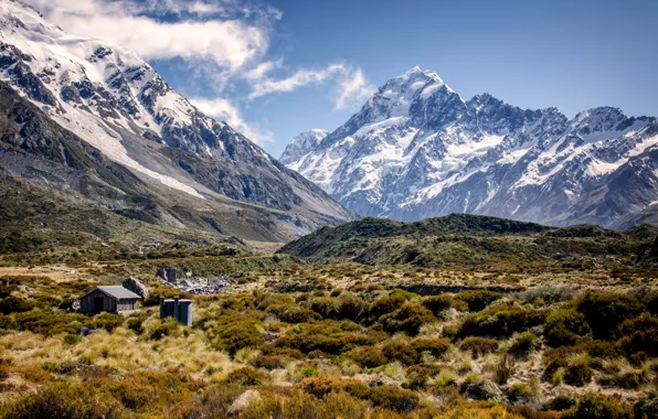 Трава, облака, снег, пейзаж, горы, Новая Зеландия, горные вершины, New_Zealand