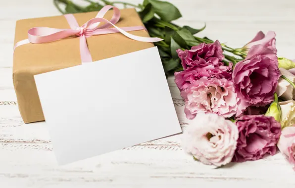 Цветы, подарок, букет, wood, pink, flowers, romantic, эустома