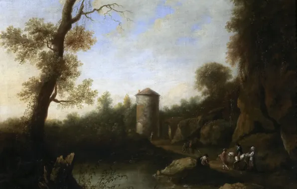 Картинка озеро, люди, дерево, камень, картина, Ян Бот, Пейзаж с Всадником и Башней
