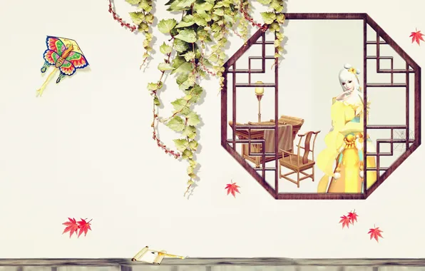 Картинка осень, девушка, окно, арт