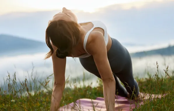 Girl, mountains, standing, plank