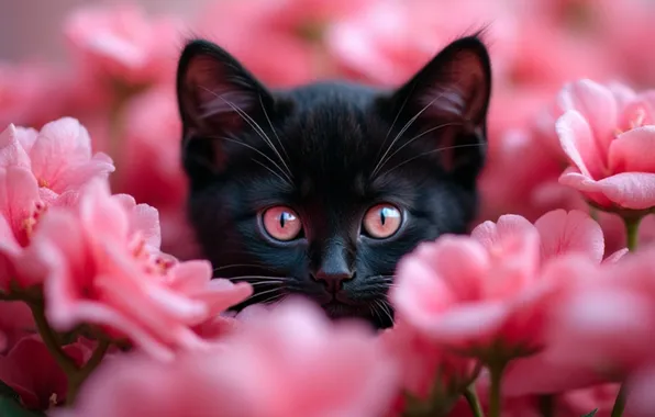 Кошка, кот, взгляд, цветы, поза, котенок, черный, портрет