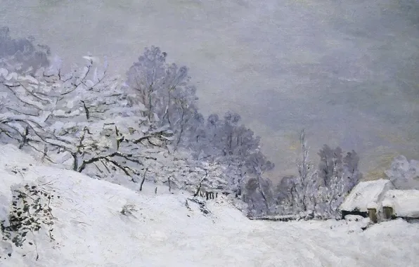 Снег, пейзаж, картина, Клод Моне, Дорога на Ферму Сен-Симеон Зимой