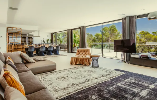 Дизайн, стиль, интерьер, Ibiza, столовая, Ибица, Modern Villa near Porroig, просторная гостиная