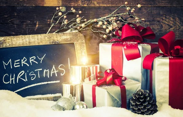 Зима, снег, праздник, подарок, свечи, Рождество, Новый год, Happy New Year