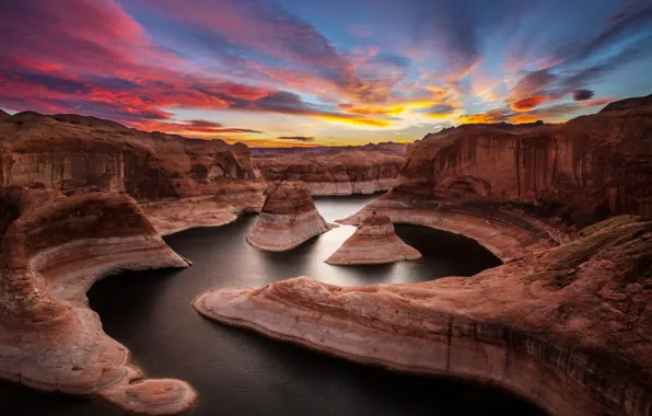 Картинка закат, река, скалы, каньон