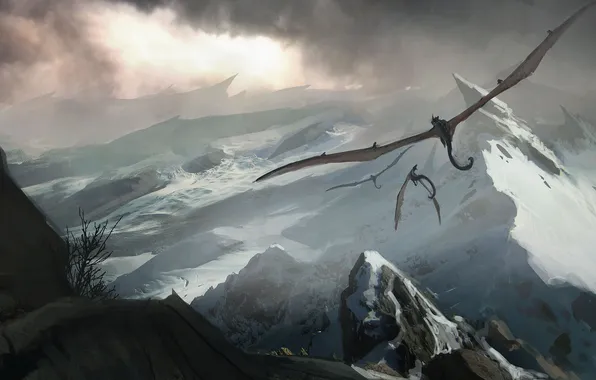 Картинка снег, полет, горы, тучи, скалы, драконы, арт