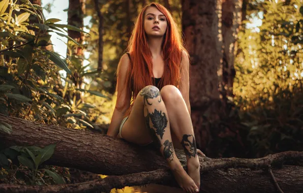 Картинка girl, Beautiful, nature, jeans, redhead, tattoos, sitting, Martin Kuhn