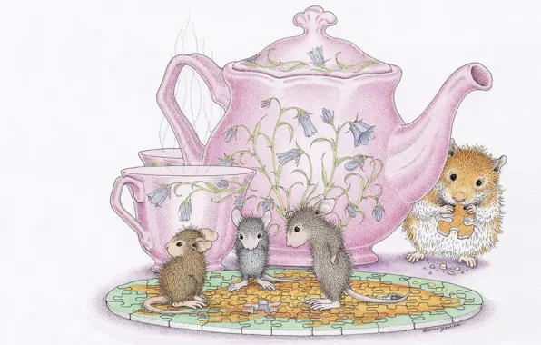 Мышка, чайник, чаепитие, кружка, чашка, друзья, детская, хомячок
