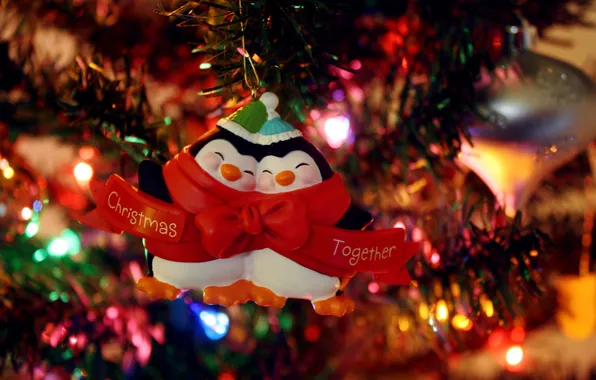 Огни, настроение, праздник, игрушки, елка, пингвины, гирлянда