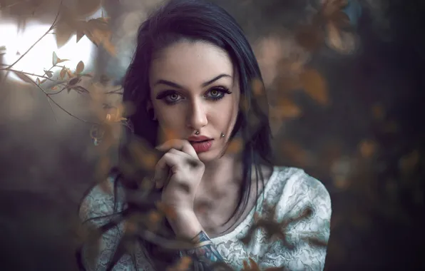 Картинка взгляд, листья, девушка, ветки, лицо, блики, фон, портрет
