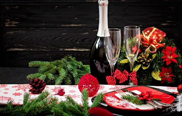 Украшения, Новый Год, бокалы, Рождество, шампанское, Christmas, wood, New Year